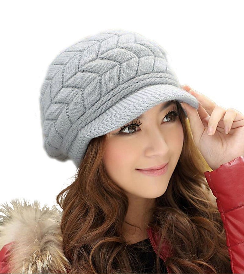 HINDAWI Womens Winter Hat and Gloves Set for Girls Wool Knit Skull Cap with Visor,Grey - Image 2